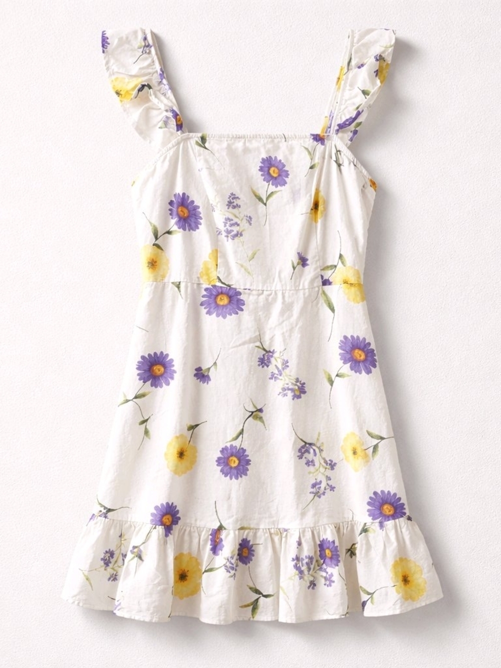 Floral Linen Blend Mini Dress Ruffle Strap Festival Boho Medium